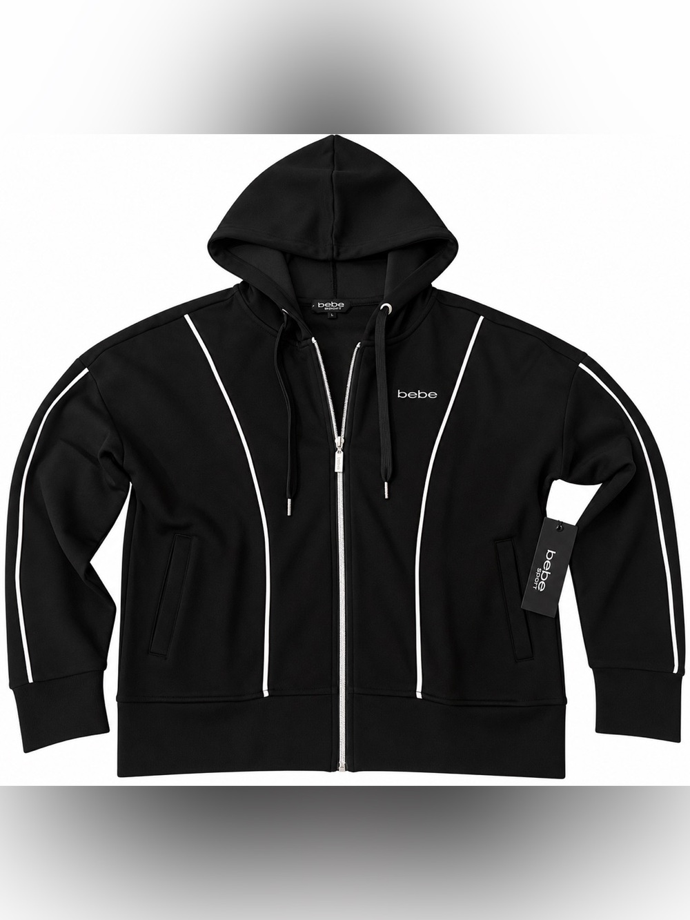 bebe sport Black Hooded Zip-Up Sweatshirt with White Piping Accents